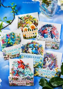 Detail of flower and birds PET sticker packaging with colorful bird illustrations