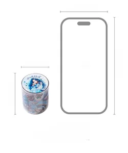 Détail du ruban adhésif PET 50mm avec illustration de fille café et référence de taille