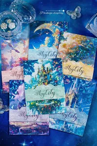 Macro view of Sky City stickers with shell light finish and ethereal castle patterns