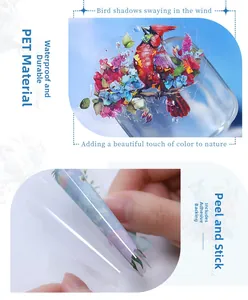 Detail of bird and flower PET stickers showing waterproof material and adhesive back