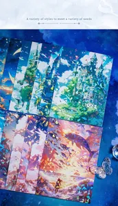 Macro detail of holographic craft stickers with fantasy castle and whale illustrations