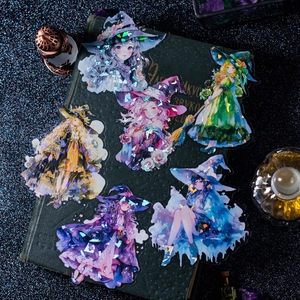 Holographic PET witch theme stickers set with shell light effect and magic girl designs