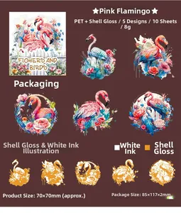 Detail of PET flamingo stickers with shell light finish and white ink for journaling
