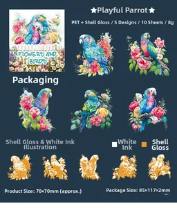 Detail view of bird and floral PET stickers with pearlescent finish and white ink effects