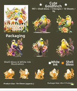 Detail view of floral and bird PET stickers with iridescent shell light effects