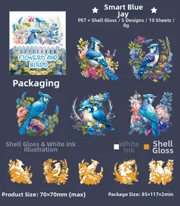 Macro detail of Blue Jay PET stickers with iridescent shell light finish and flower designs
