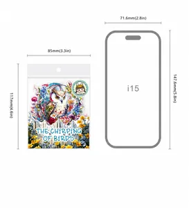 Size comparison of PET bird sticker 85x117mm next to an iPhone 15 for scale