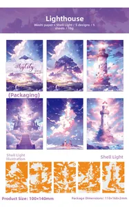 Macro detail of lighthouse themed washi stickers with iridescent shell light finish
