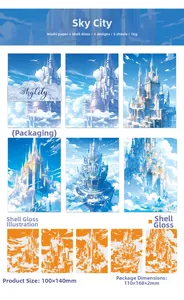 Detail of dreamlike castle stickers with shimmering shell light finish for DIY scrapbooking