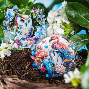 Laser PET floral bird stickers featuring artistic owl and flamingo designs for scrapbooking