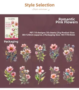 Dettagli set adesivi floreali in PET con 10 design e 20 fogli per confezione