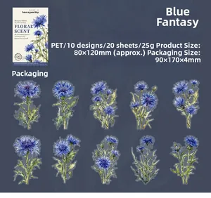 Vista dettagliata degli adesivi PET fiordaliso per scrapbooking con dimensioni