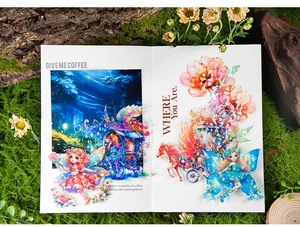 Details von Feen-PET-Stickern mit schimmerndem Lasereffekt und floralen Motiven