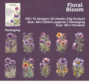 Dettaglio degli adesivi in PET con fiori viola acquerello, set di 20 pezzi impermeabili