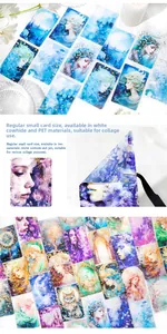 Close-up of DIY scrapbooking cards featuring fantasy elf portraits and PET material