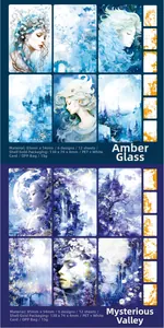 Macro detail of PET decorative stickers with fantasy girl themes and shell gold foil
