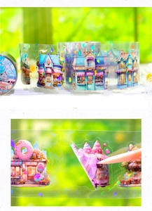Detailed view of laser holographic PET tape featuring fairy tale house illustrations