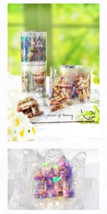 Close-up of PET decorative tape with iridescent European fairy tale shop illustrations