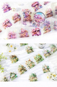 Macro detail of laser PET decorative tapes featuring colorful fairy tale shop designs