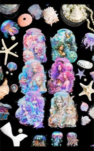 Vue détaillée des autocollants PET sirène et créatures marines pour la décoration DIY