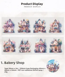 Detail view of PET decorative tape featuring hand-drawn fairy tale shop illustrations