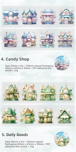 Detail of PET fairy tale store tapes in candy shop and grocery themes for DIY journaling