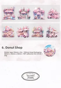 Detail of pink donut shop fairy tale PET tape stickers for DIY scrapbooking decoration