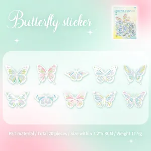 Pastel gradient PET butterfly stickers set with seashell luster finish 20 pieces