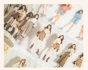 Close-up of semi-transparent PET stickers featuring stylish fashion girl illustrations