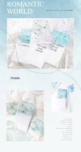 Detail of artistic paper memos featuring elegant blue floral and butterfly designs