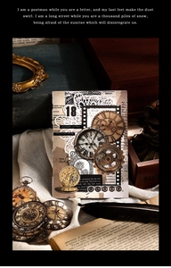 Dettaglio di un adesivo vintage con orologio industriale, ingranaggi e motivi di farfalle