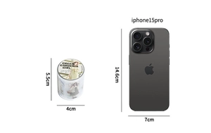 Size comparison between vintage girl PET masking tape roll and an iPhone 15 Pro