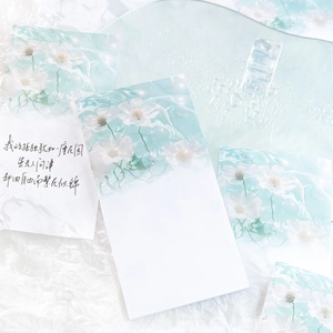 Artistic decorative stationery notes featuring white floral and blue water patterns