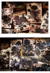 Detalle de papel scrapbooking rosas vintage con mariposas y diseño de escritura antigua