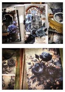 Detalle de pegatinas de rosas azules vintage con catedral gótica para manualidades DIY