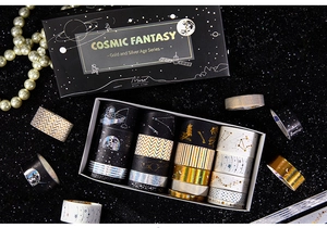 Detailed view of 20-roll Cosmic Fantasy washi tape set with gold foil space patterns