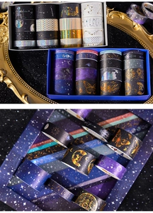 Macro detail of vintage galaxy washi tape set with gold foil constellations and stars