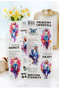 Detailed aesthetic flatlay of girl magazine stickers with denim fashion and butterfly illustrations