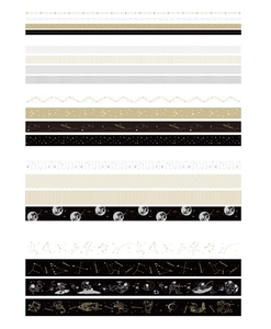 Detailed patterns of cosmic washi tape featuring golden constellations and astronauts