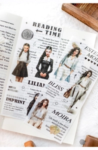 Close-up of lifestyle girl themed DIY stickers on vintage book pages for journaling