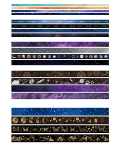 Macro detail of vintage cosmic washi tape with planet, star, and gold foil constellations