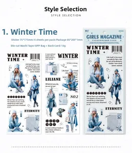 Detail of Winter Time washi stickers showing female models and snowflakes on 75x175mm sheets