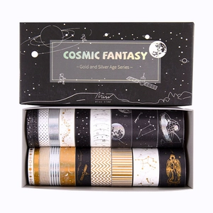 Cosmic Fantasy washi tape set with gold and silver foil star patterns in 20 rolls