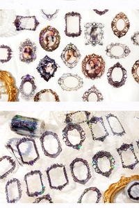 Macro view of vintage PET tape with laser holographic embossed frames and lady portraits