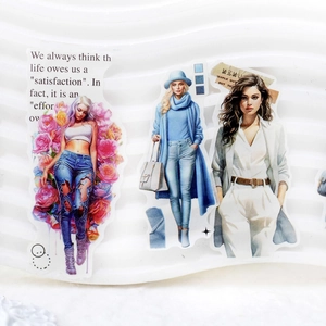 DIY decorative stickers featuring trendy girl magazine styles on white wave display plate