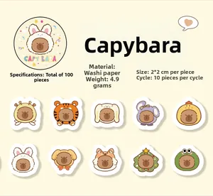 Detail showing 10 cute capybara washi stickers with various outfits in a 100-piece set