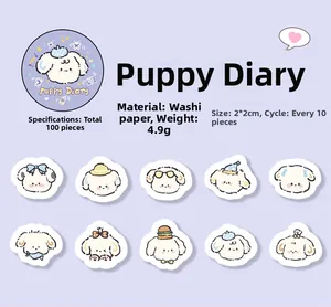 Detail of Puppy Diary washi paper stickers showing cute cartoon dog designs and dimensions
