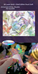 Detail of 3D laser gold butterfly stickers with PET clear backing and shell flash craft