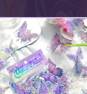 Detailed view of holographic purple butterfly stickers with shimmering laser effect and lace