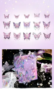 Macro detail of 30pcs purple butterfly stickers with holographic shell light effect